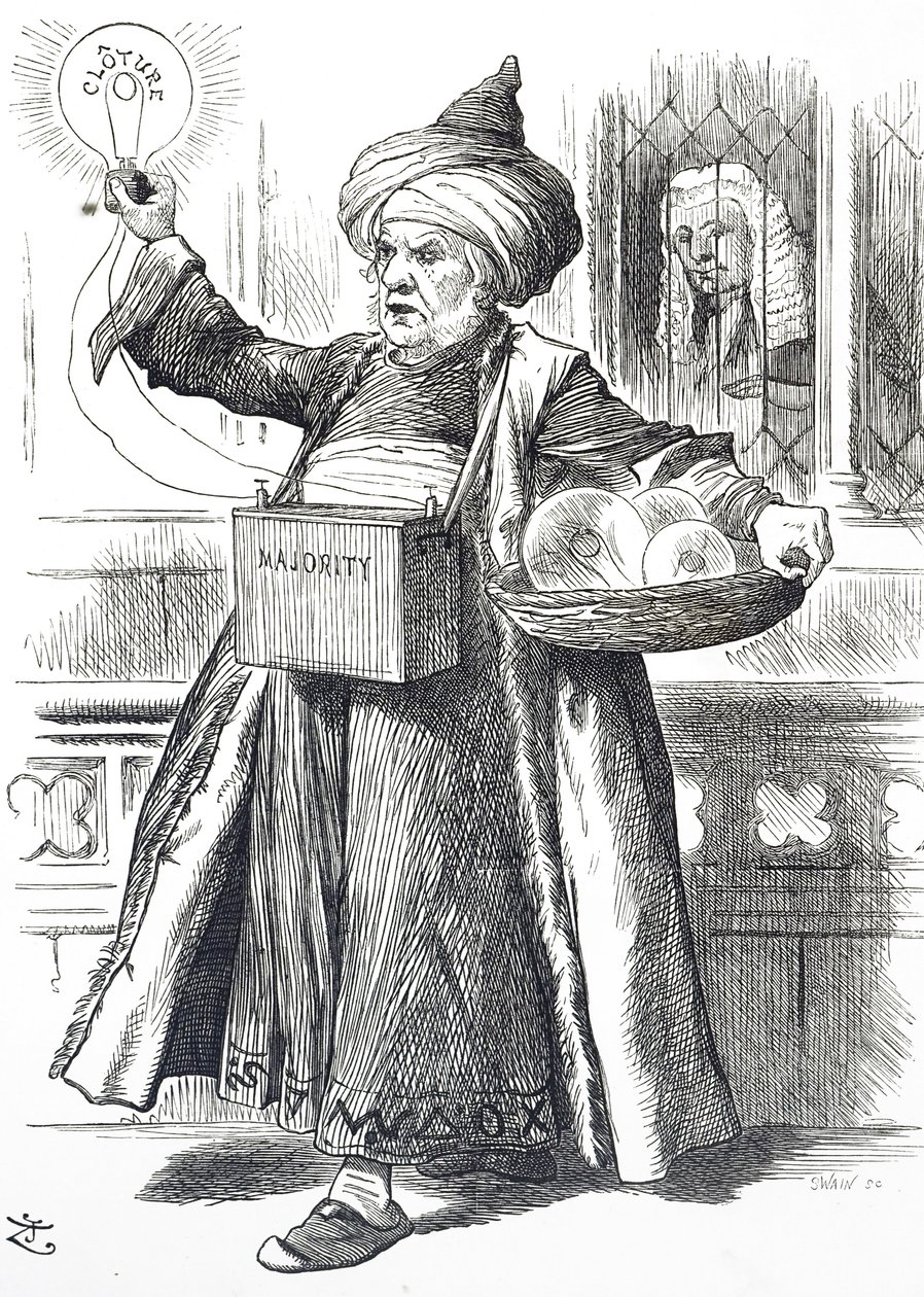 Cartone animato che raffigura William Ewart Gladstone come Aladino da John Tenniel