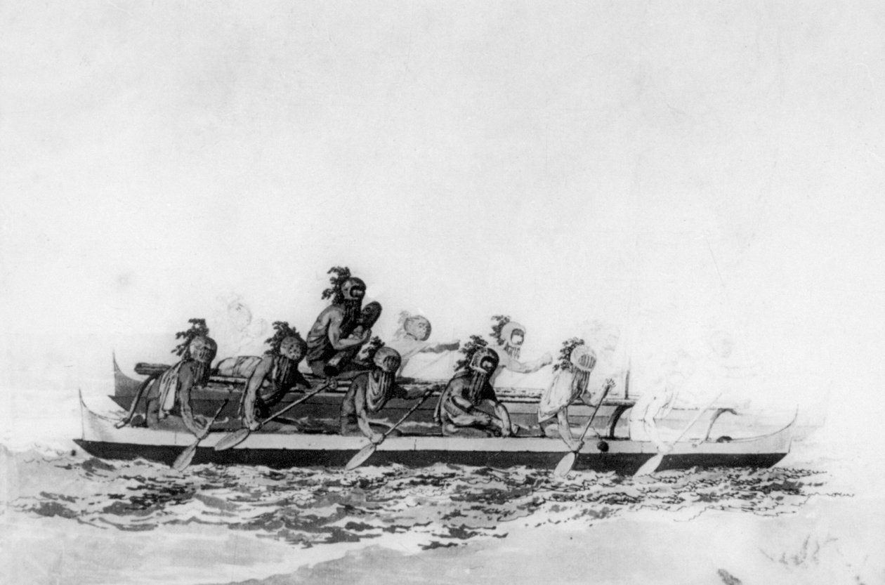 Hawaiani mascherati in una doppia canoa, c. 1770-1793 da John Webber