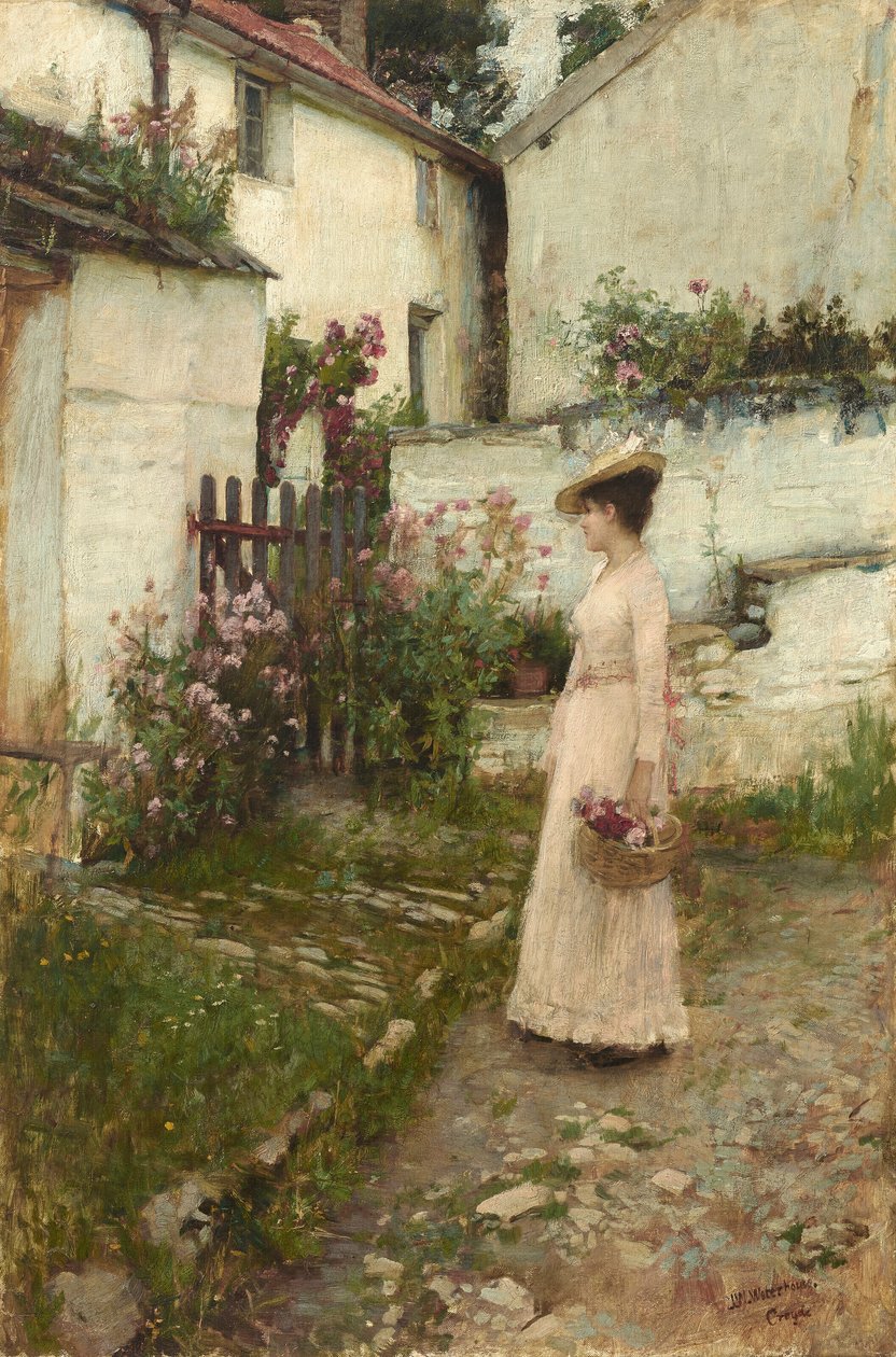 Raccogliere fiori in un giardino del Devonshire da John William Waterhouse