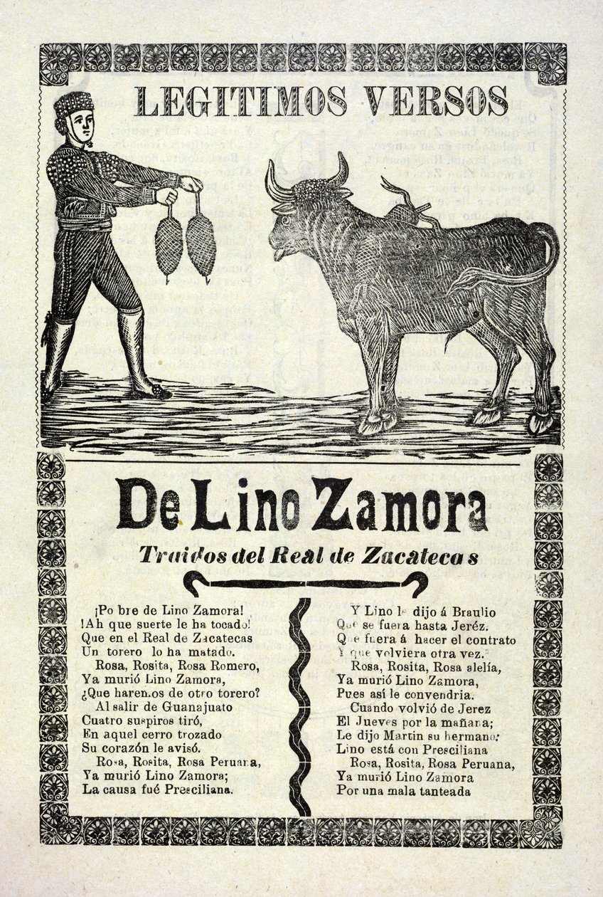 Legittimi versi di Lino Zamora tratti dal Real de Zacatecas, pubblicato 1903 da José Guadalupe Posada