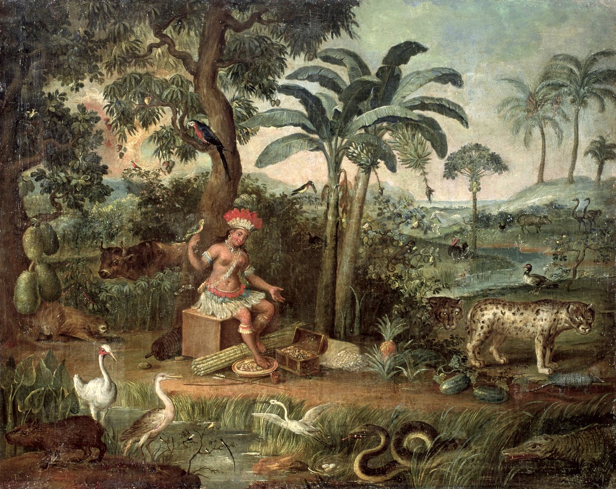 Indiano nativo in un paesaggio con animali da Jose Teofilo de Jesus