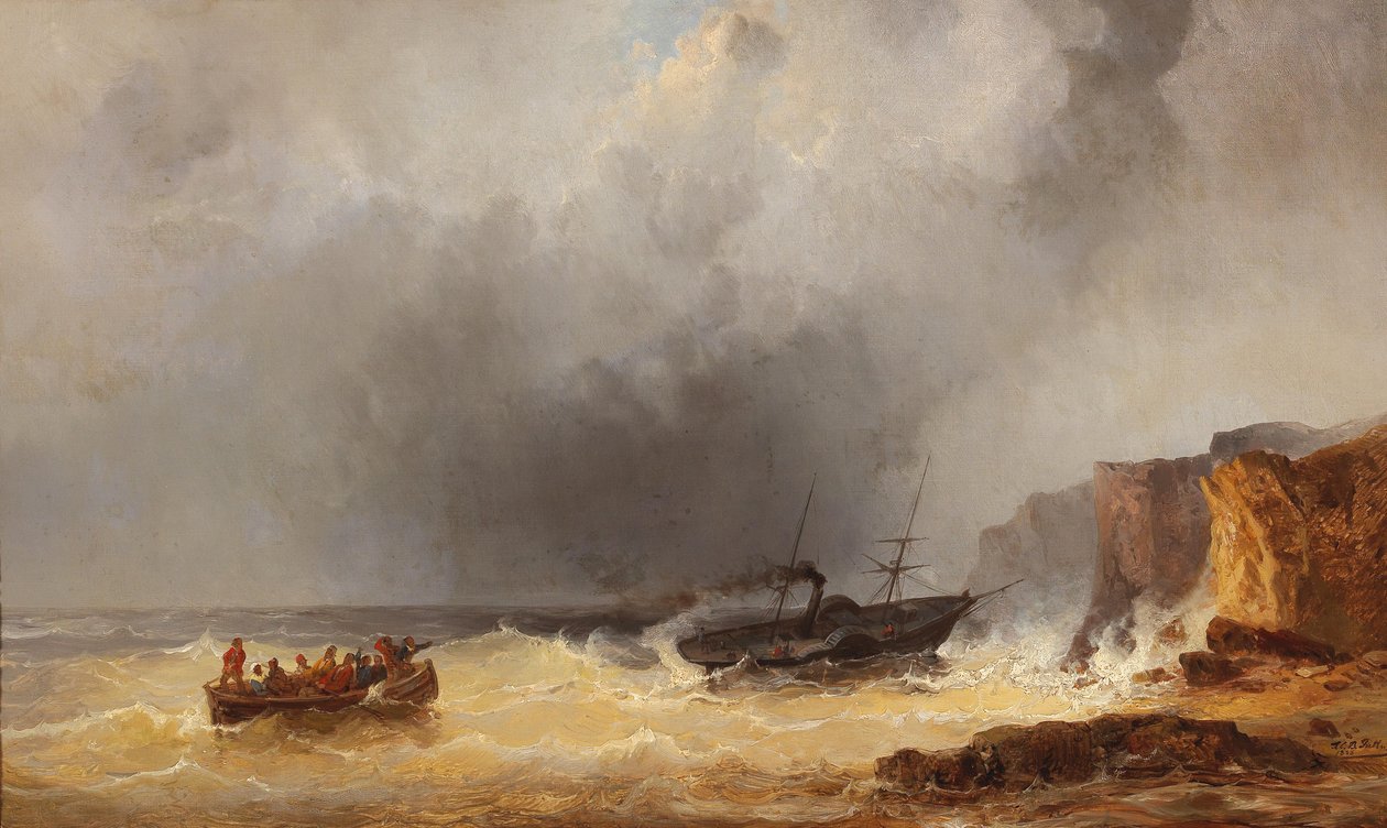 Nave a vapore in difficoltà in mare vicino a una costa rocciosa da Josef Karl Berthold Puttner