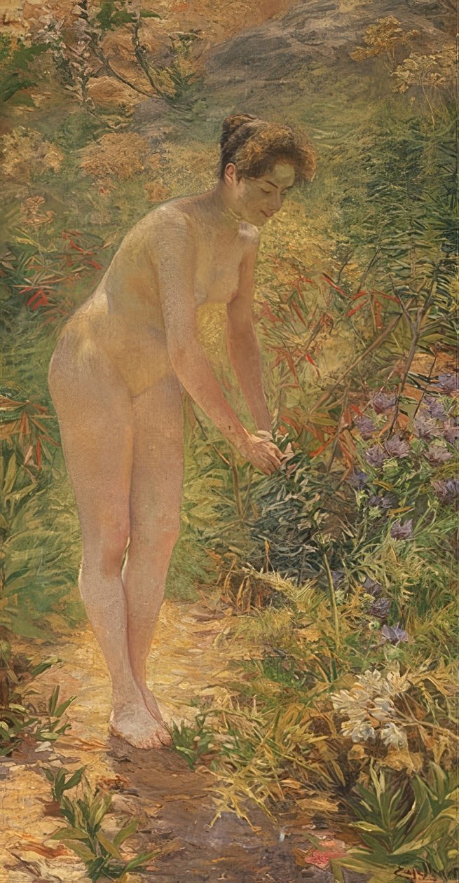 Nudo femminile in piedi nel giardino da Josef Engelhart