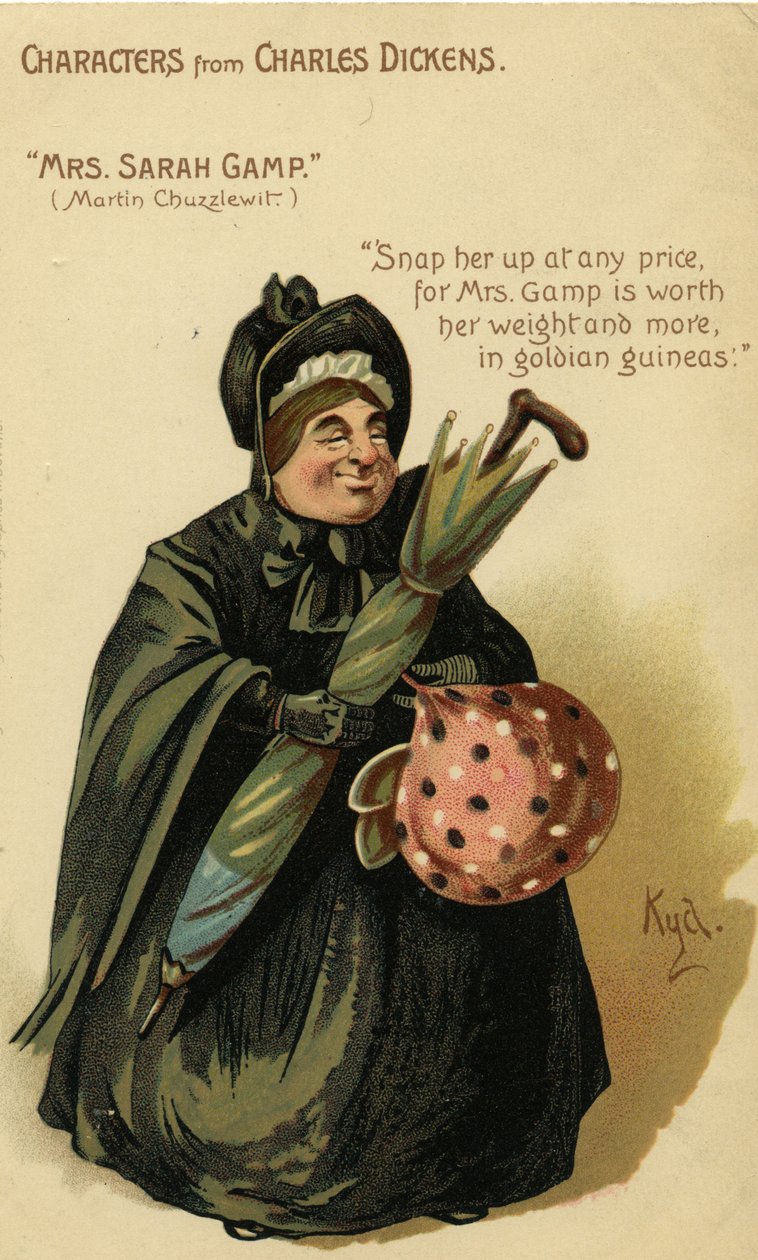 Personaggi di Charles Dickens - Mrs. Sarah Gamp da Martin Chuzzlewit, Cartolina, c.1903 da Joseph Clayton Clarke