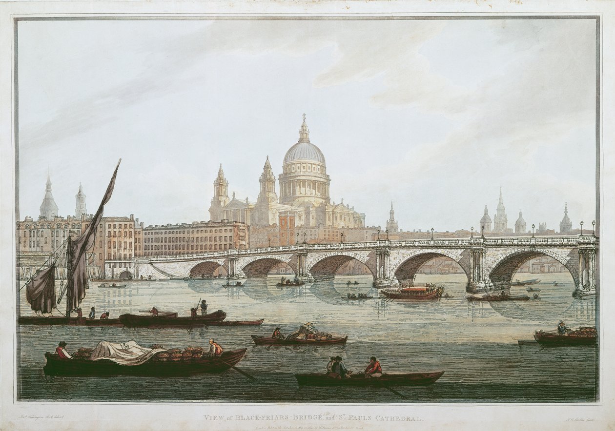 Veduta del Ponte di Blackfriars e della Cattedrale di San Paolo, inciso da J. C. Stadler, pubblicato da William Byrne da Joseph Farington
