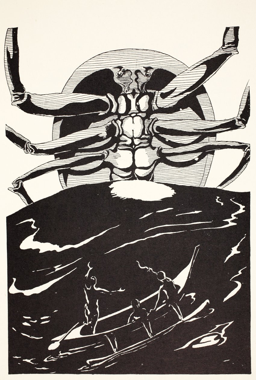 Pau Amma il granchio che emerge dal mare alto come il fumo di tre vulcani, illustrazione da 