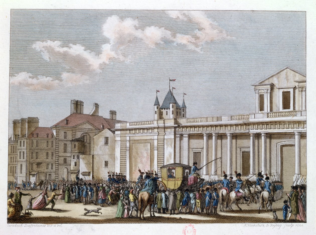 Luigi XVI (1754-93) e la sua famiglia portati al Tempio, 13 agosto 1792, inciso da Reinier Vinkeles (1741-1816) e Daniel Vrydag (1765-1822) 1801 da Joseph Swebach Desfontaines