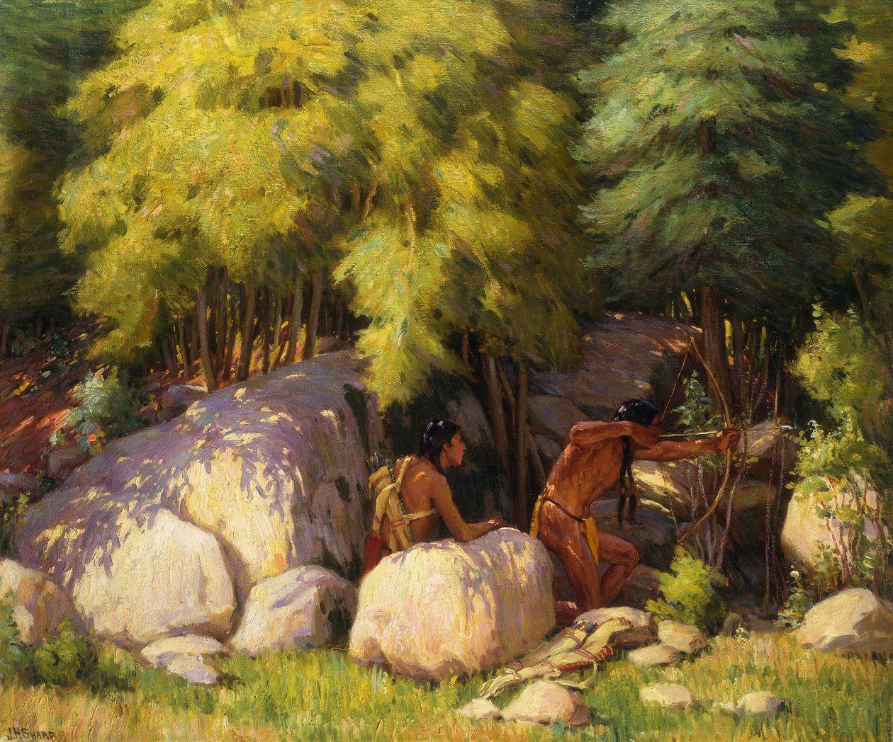 Guerrieri indiani che cacciano cervi da Joseph Henry Sharp