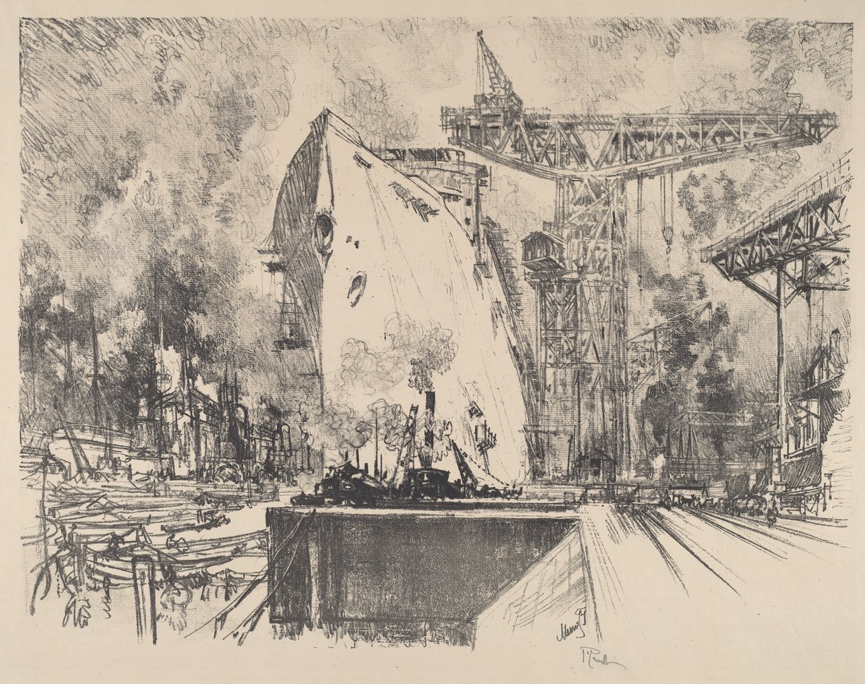 Costruzione del Bismarck, Amburgo, 1914 da Joseph Pennell