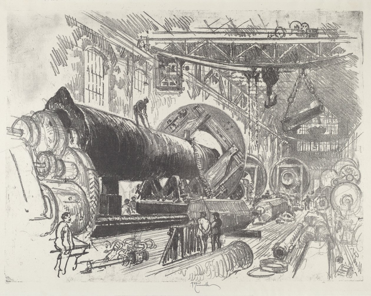 Taglio e tornitura di un grande cannone, 1916 da Joseph Pennell