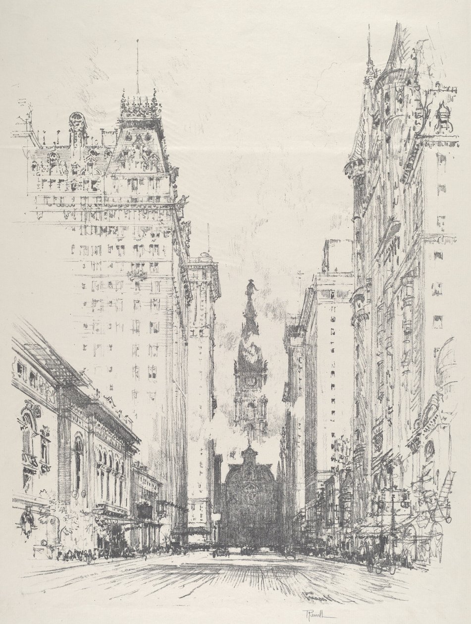 Guardando Broad Street da Spruce Street da Joseph Pennell