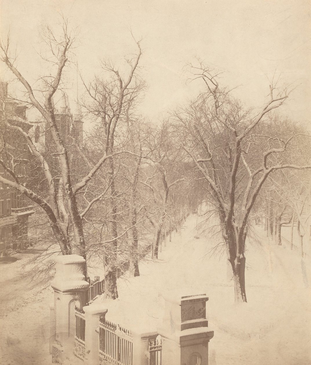 Scena di neve nel comune di Boston, anni 