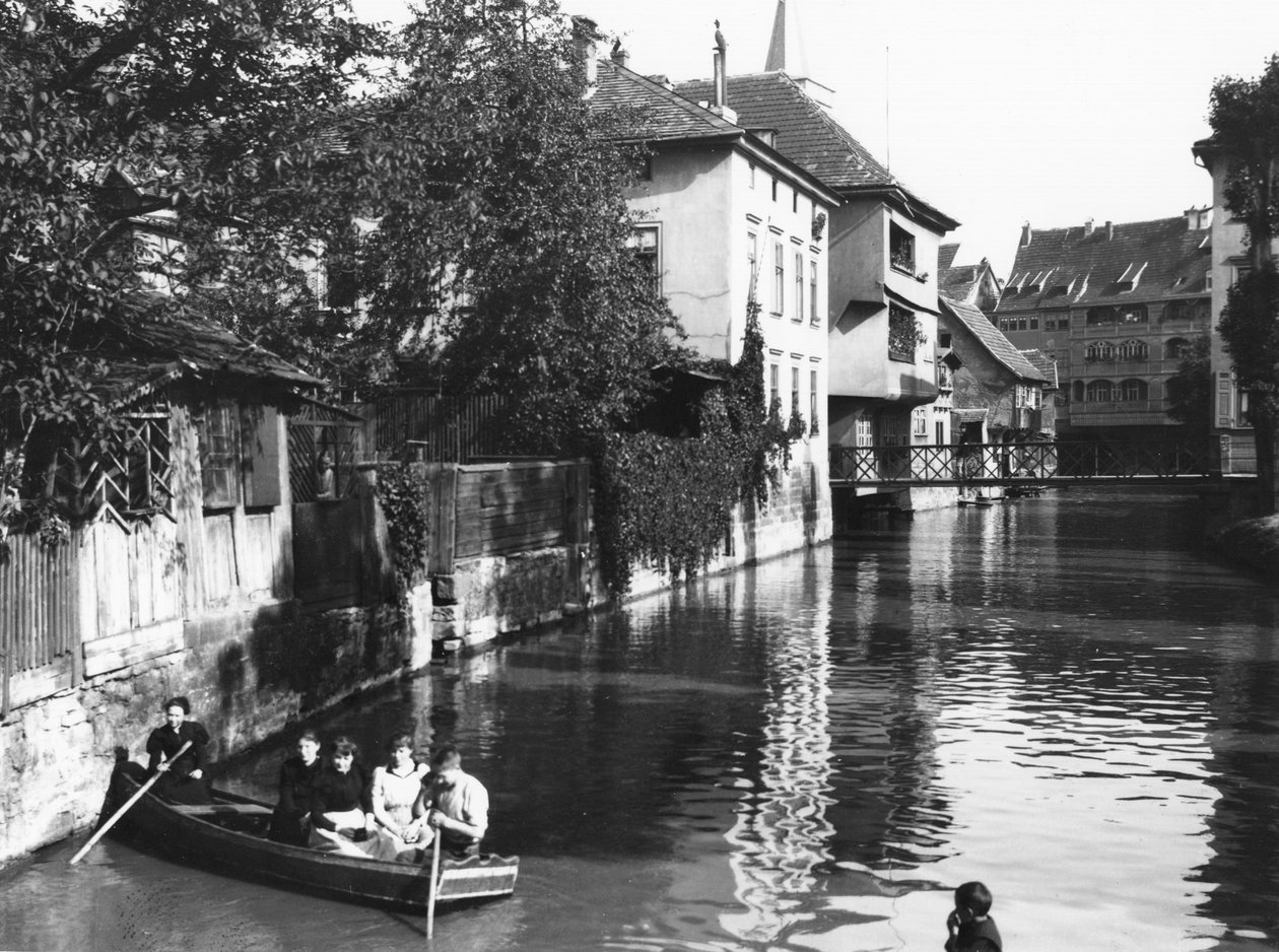 Gita in barca sul fiume Gera a Erfurt, Turingia (c.1910) da Jousset