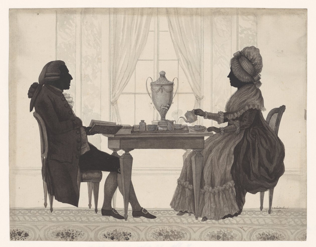 Silhouette di Louis Metayer (*1728) e Antoinette Bernard (*1735) a tavola da Jozef Adolf Schmetterling