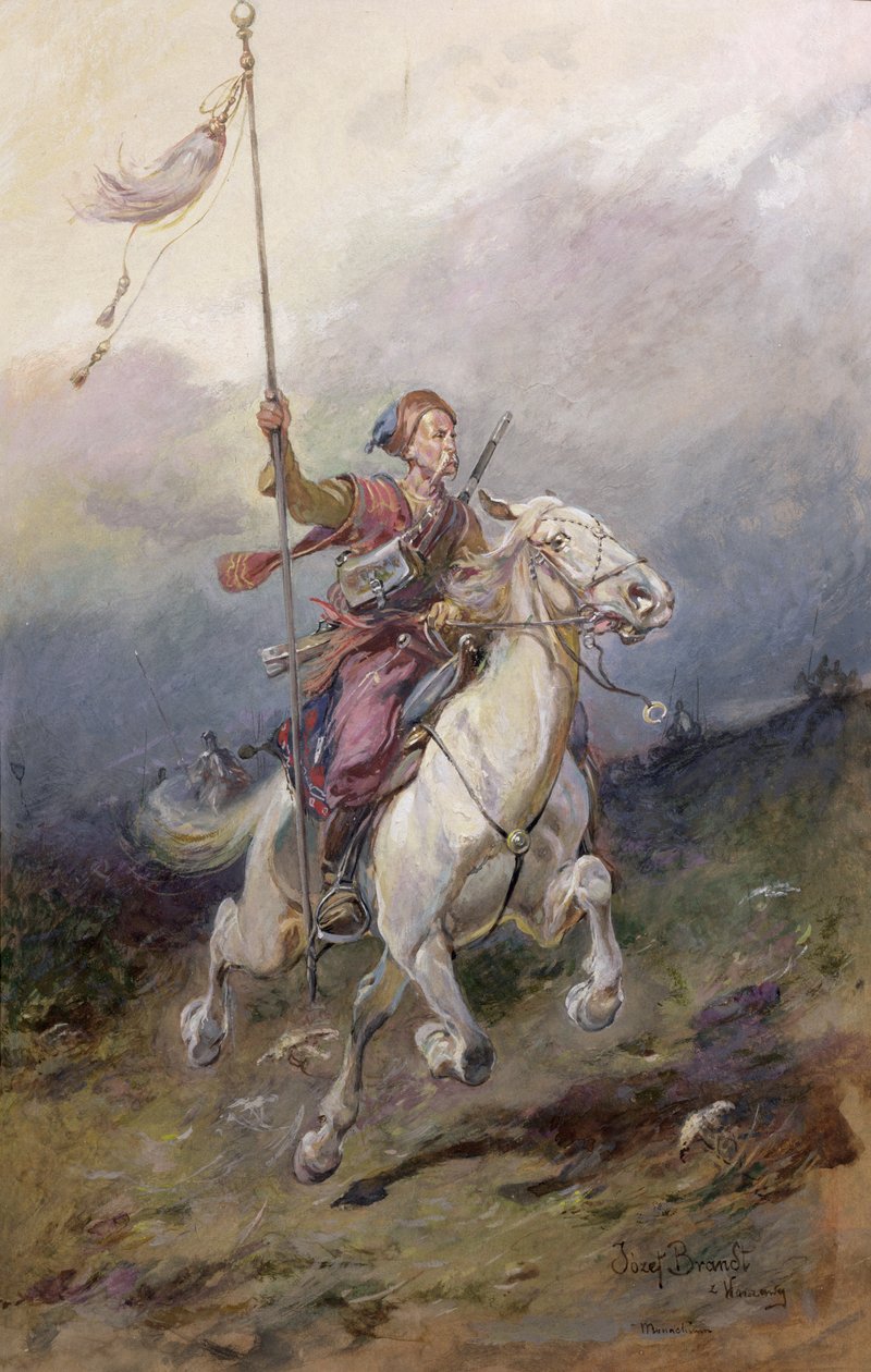 Il pioniere, un cavaliere polacco del XVII secolo su un cavallo bianco da Jozef Brandt