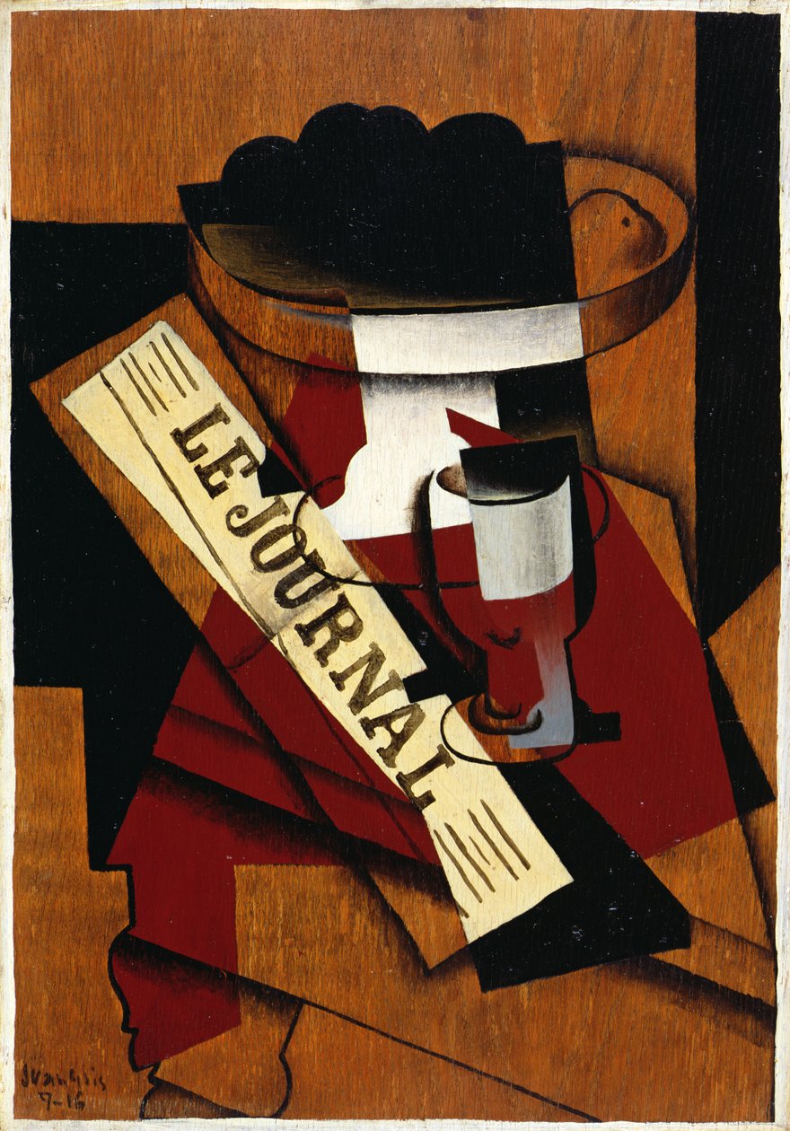 Piatto di frutta, bicchiere e giornale da Juan Gris