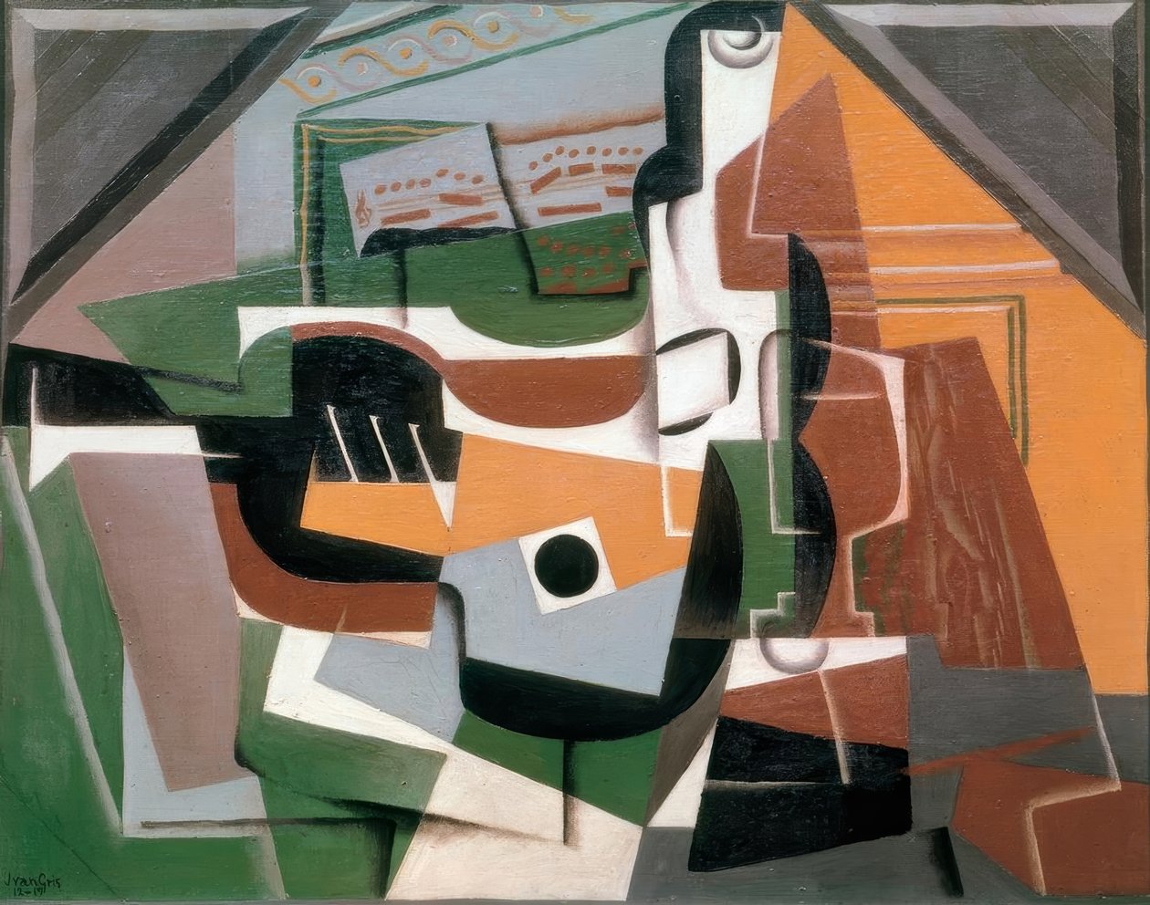 Chitarra, bottiglia e bicchiere da Juan Gris