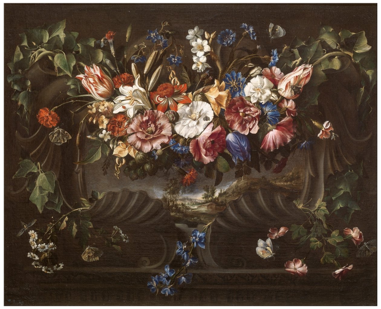 Ghirlanda di fiori con paesaggio da Juan de Arellano
