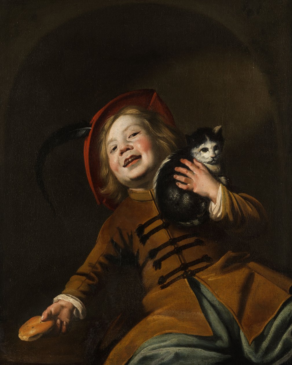 Ritratto di un ragazzo con gatto, cappello rosso e un pezzo di pane da Judith Leyster