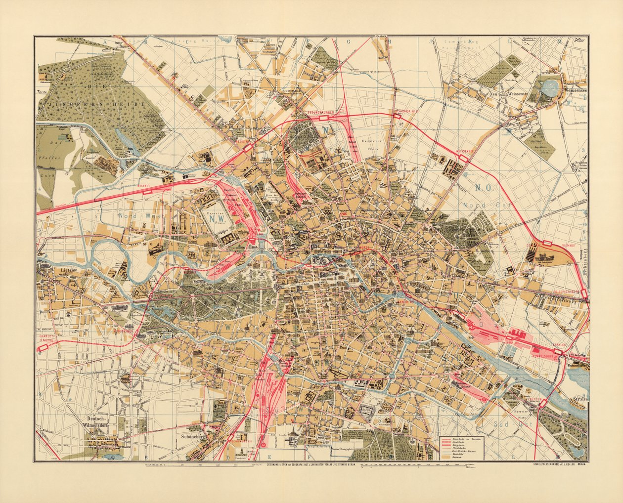 Mappa di Berlino, stampata da C.L. Keller, Berlino, 1890 da Jul. Straube