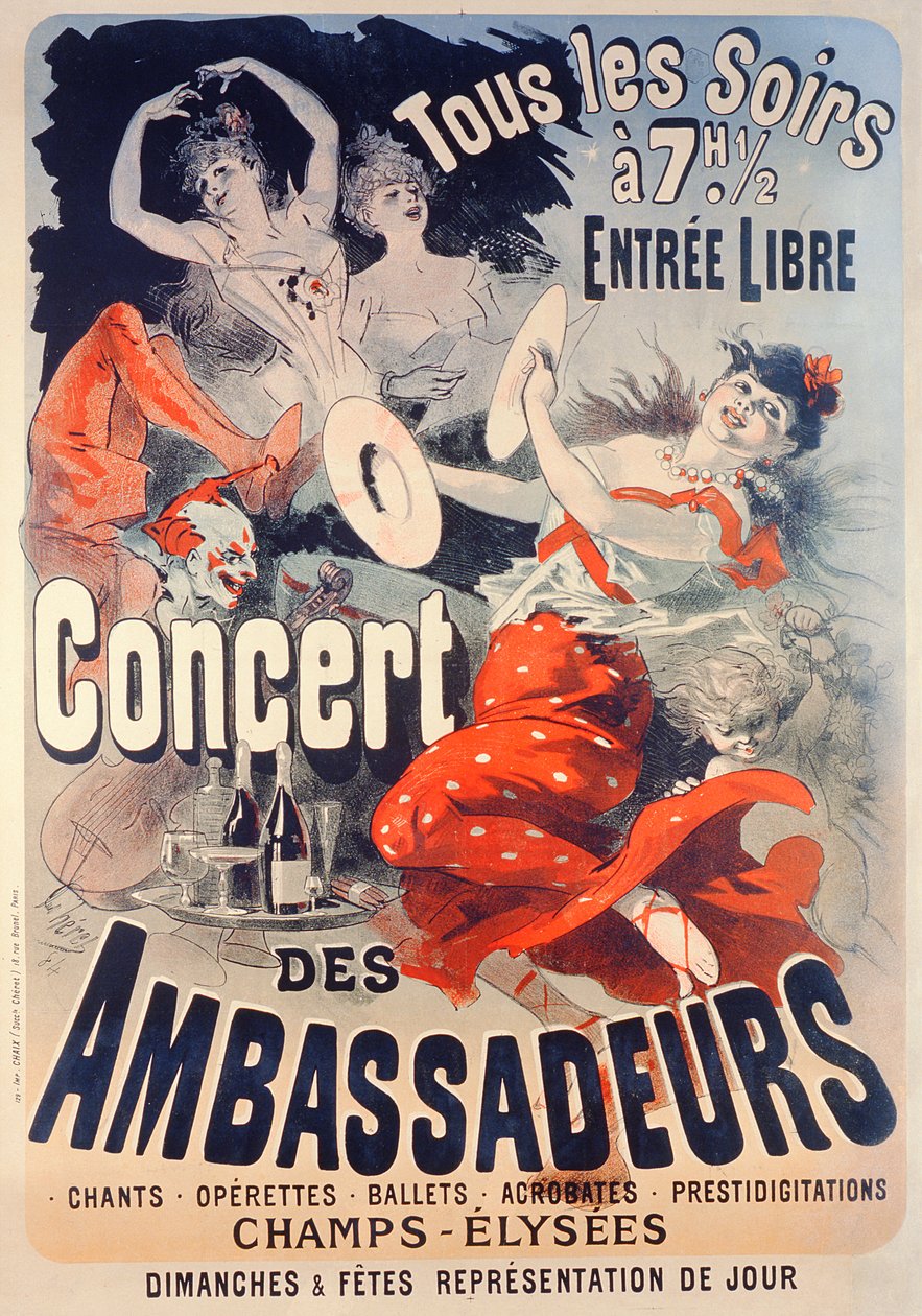 Poster pubblicitario per il Concert des Ambassadeurs, 1884 da Jules Cheret