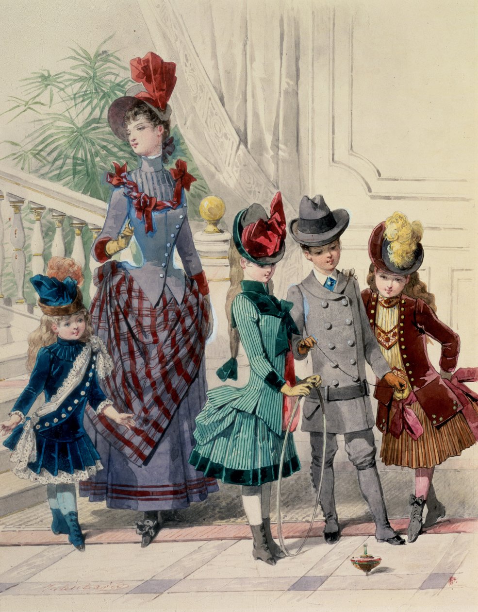 Madre e bambini in costume da interno, tavola di moda francese da Jules David