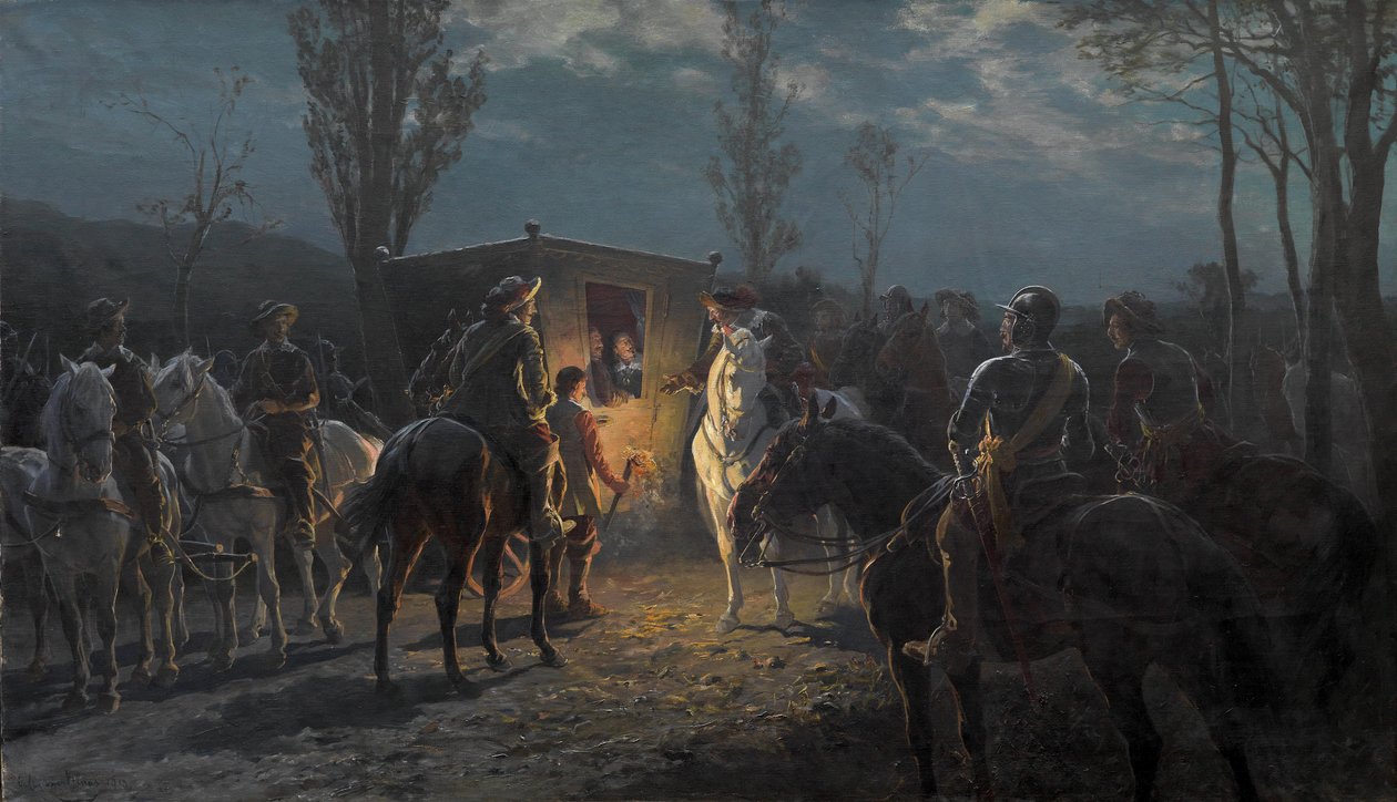 Scena notturna. Cavalieri fermano una carrozza nobile da Julius von Blaas  