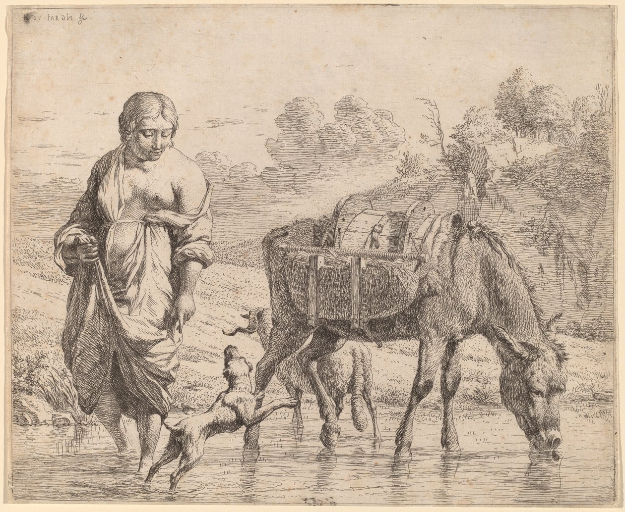 Donna che attraversa un ruscello da Karel Dujardin
