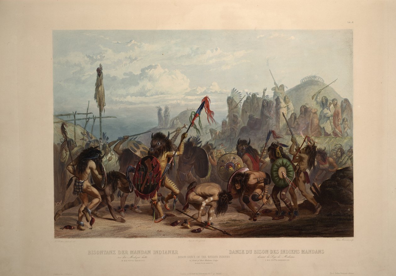 Danza del bisonte degli indiani Mandan davanti alla loro capanna della medicina da Karl Bodmer