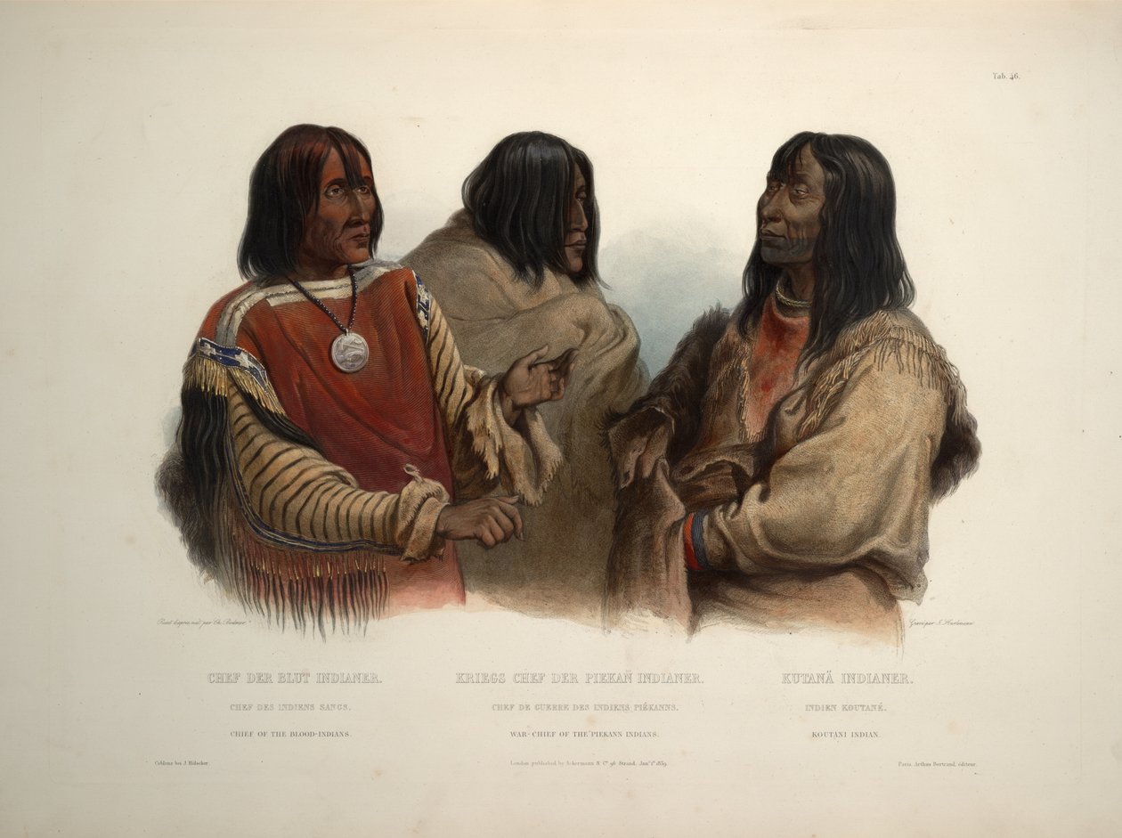 Capo degli indiani Blood, capo di guerra degli indiani Piekann e indiano Koutani da Karl Bodmer