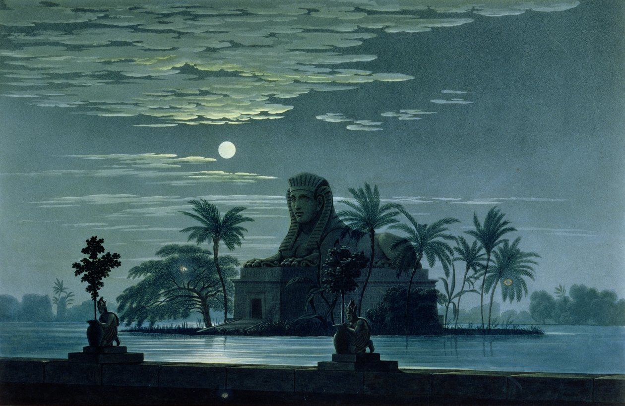 Scena di giardino con la Sfinge al chiaro di luna, Atto II scena 3, scenografia per 