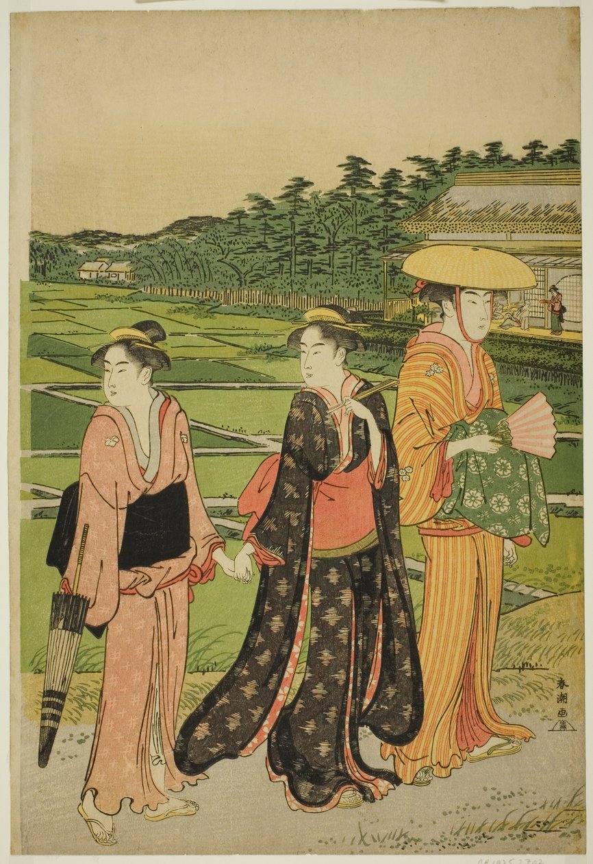 Tre donne vicino alle risaie da Katsukawa Shuncho