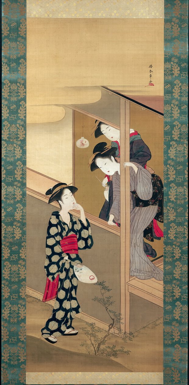 Tre bellezze che chiacchierano su una veranda da Katsukawa Shunsho