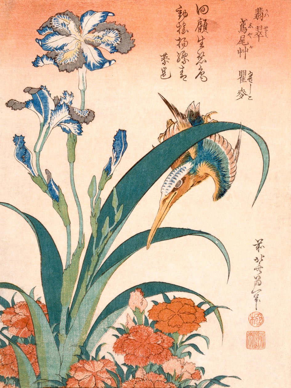Martin pescatore, Iris e Garofani da Katsushika Hokusai