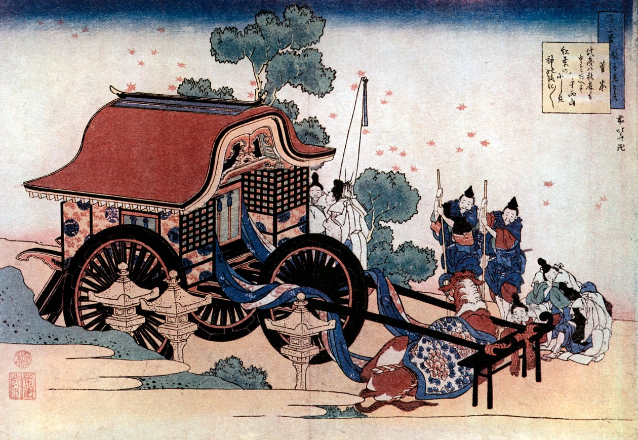 Traino di una carrozza a tre ruote, xilografia giapponese, c1780-1849 da Katsushika Hokusai