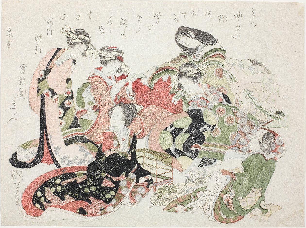 Sei Donne Sedute Attorno a una Gabbia per Uccelli da Katsushika Hokusai