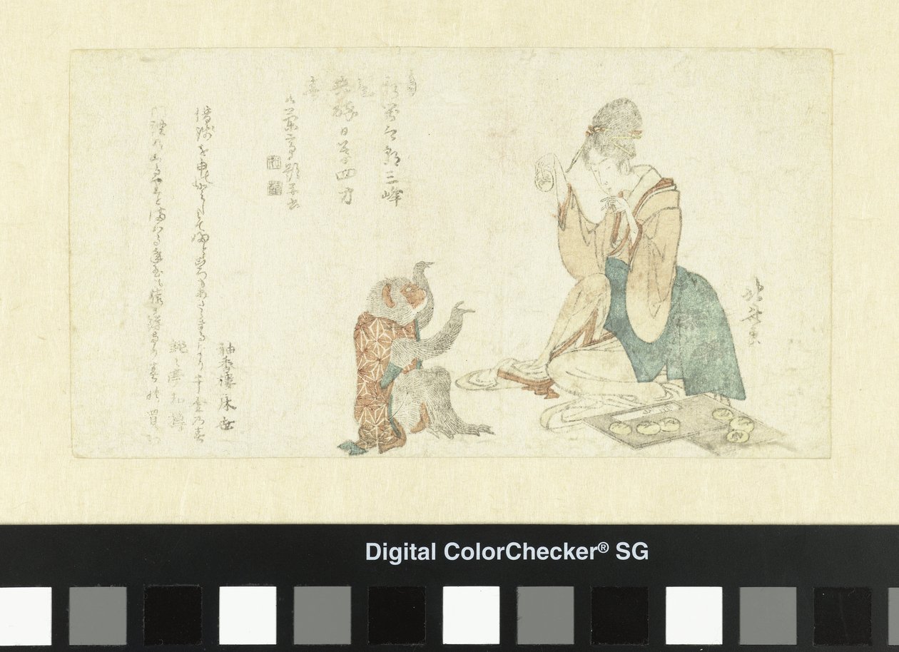 Donna gioca con una scimmia da Katsushika Hokusai
