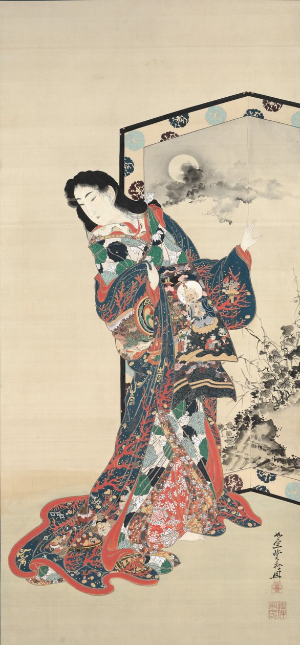 Bellezza davanti a uno schermo, 1800 da Kawanabe Kyosai
