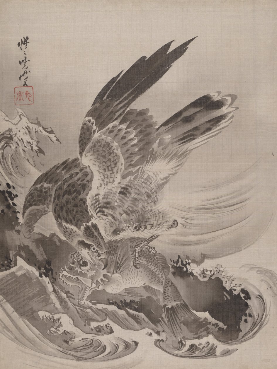Aquila che attacca un pesce da Kawanabe Kyosai