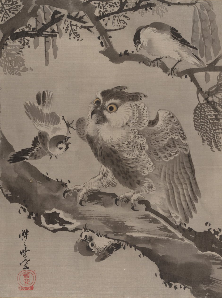 Gufo deriso da piccoli uccelli, ca. 1887 da Kawanabe Kyosai