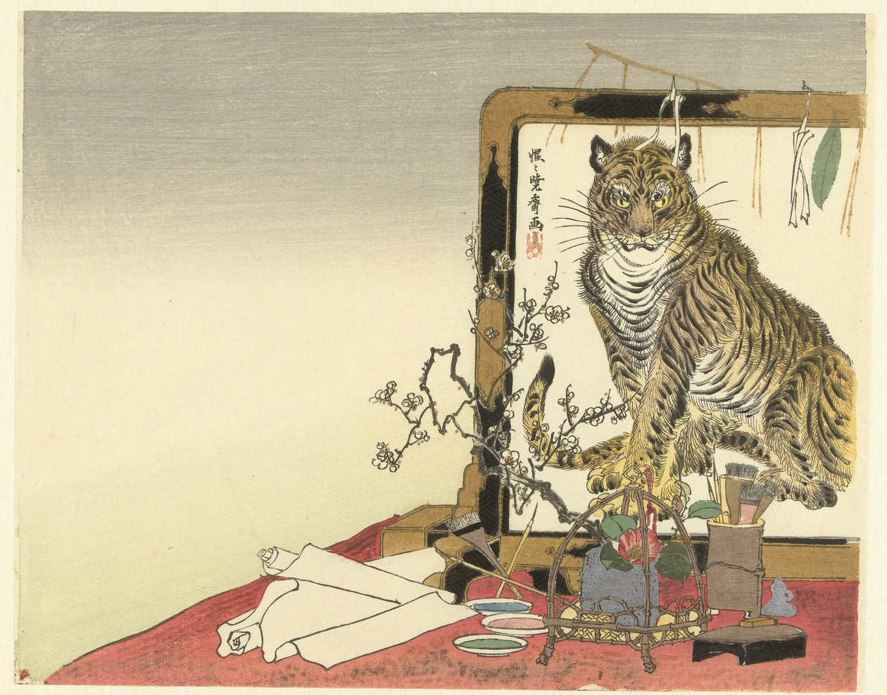 Natura morta con attrezzi da pittore e paravento da Kawanabe Kyosai