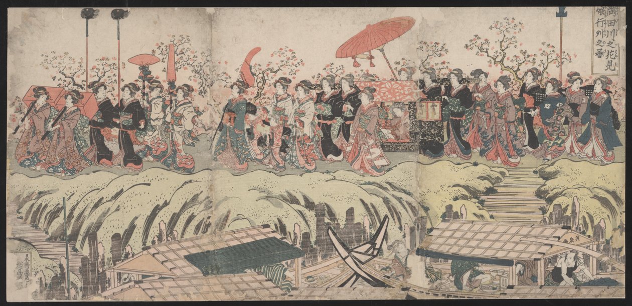 Processione di osservazione dei fiori di ciliegio lungo il fiume Sumida da Kikukawa Eizan