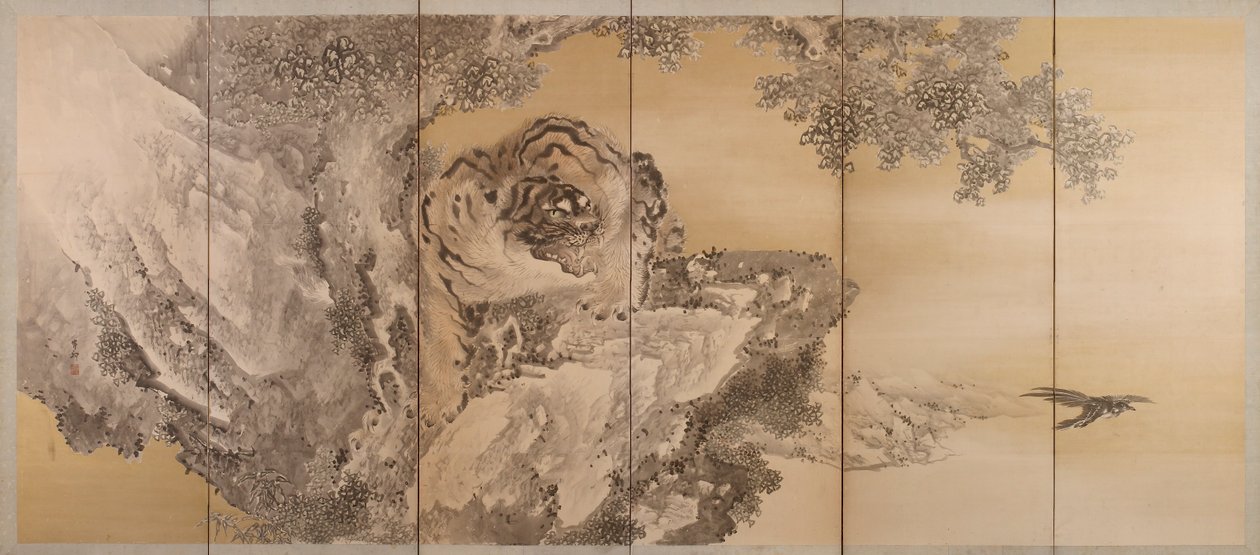 Schermo a sei pieghe che raffigura una tigre ruggente, 1749-1838 da Kishi Ganku