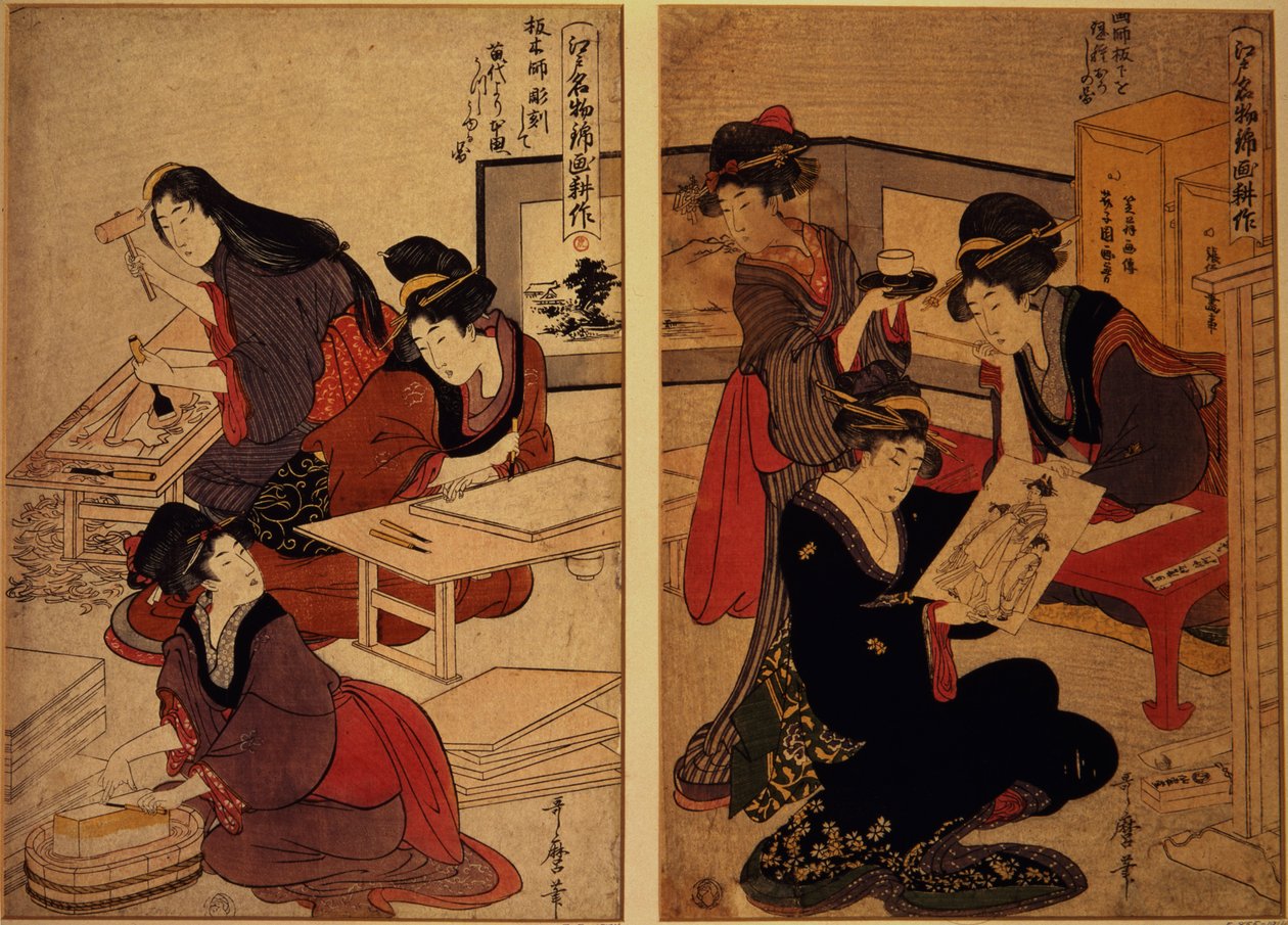 Artigiani che realizzano una xilografia, c.1857 da Kitagawa Utamaro