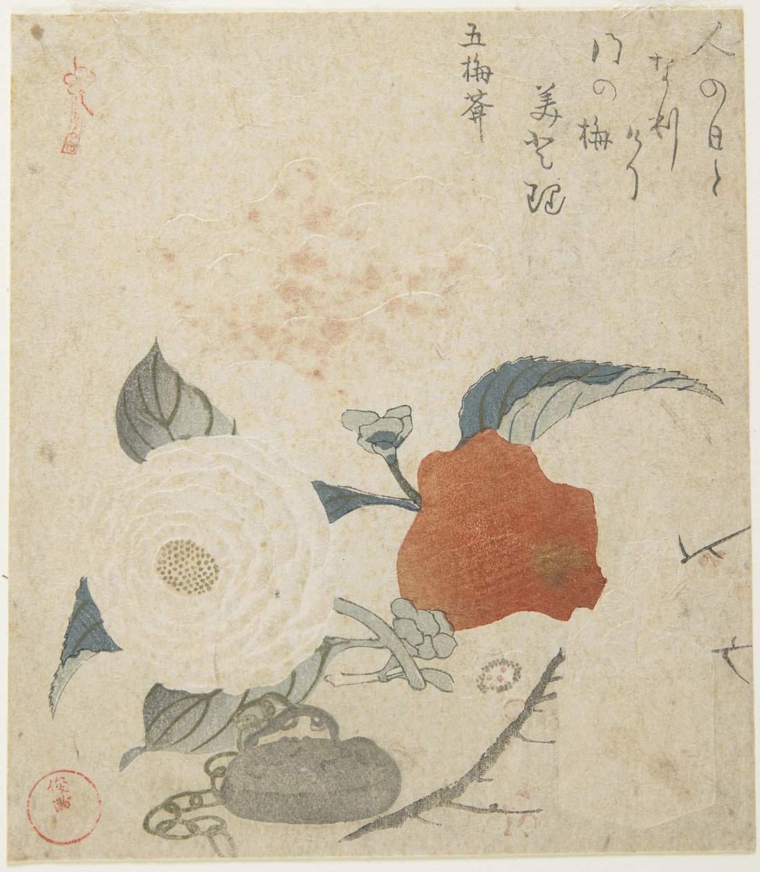 Ramo di prugna, un fiore di peonia e un sigillo di metallo, 1816 da Kubo Shunman