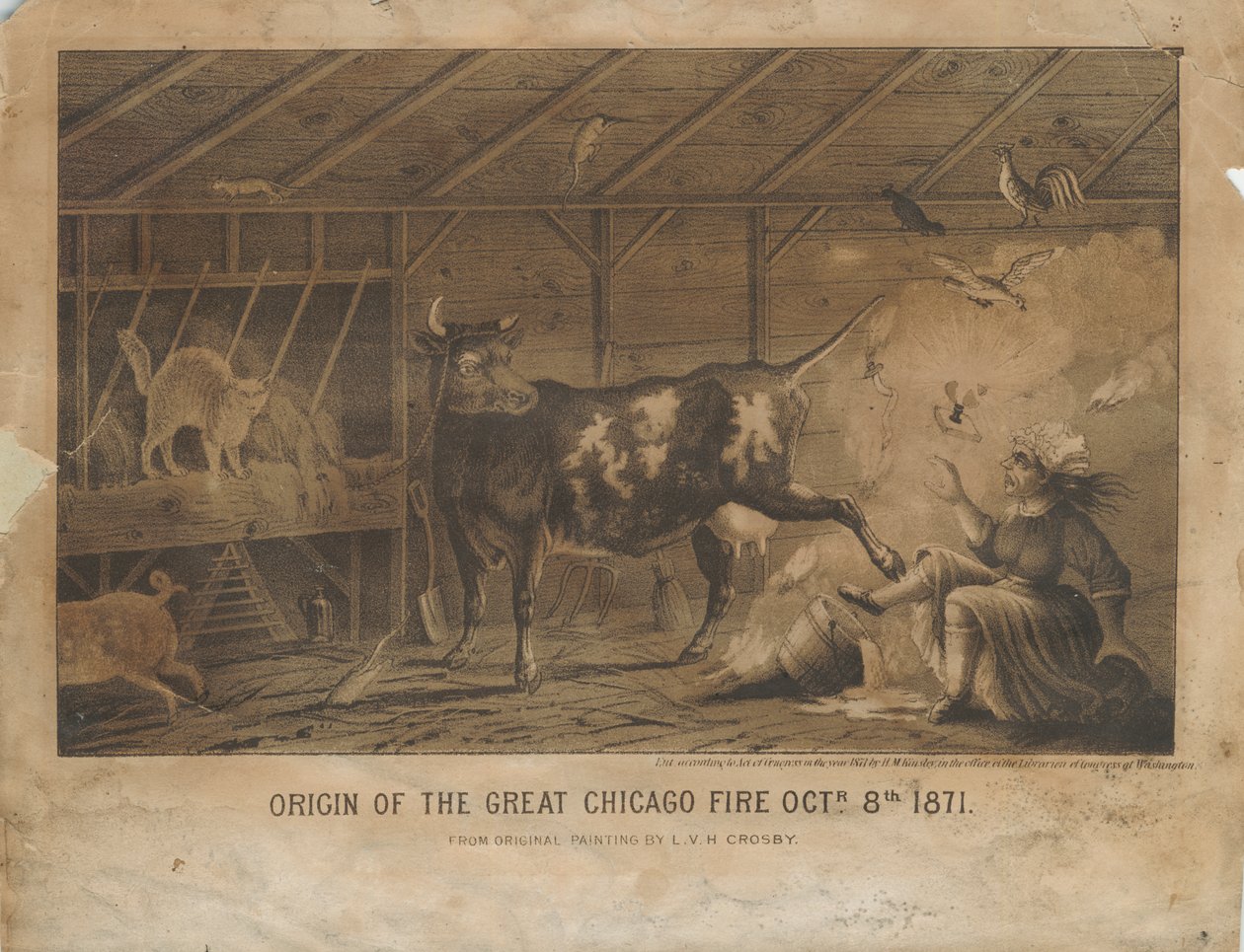 Origine del Grande Incendio di Chicago, 8 ottobre 1871, c.1872 da L. V. H. after Crosby
