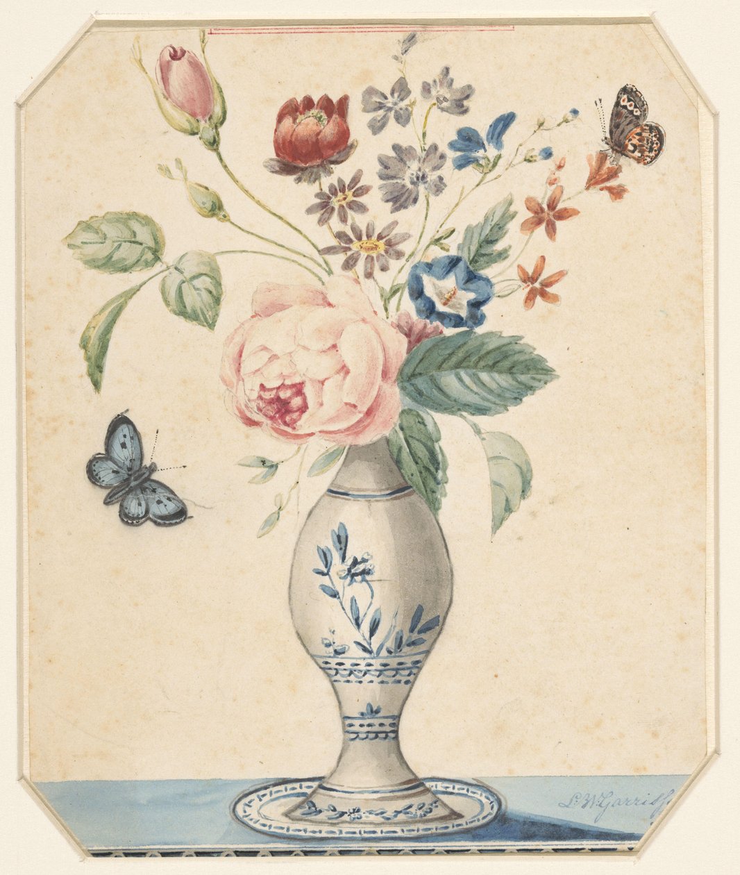 Vaso con fiori e una farfalla blu da L.W. Garrison