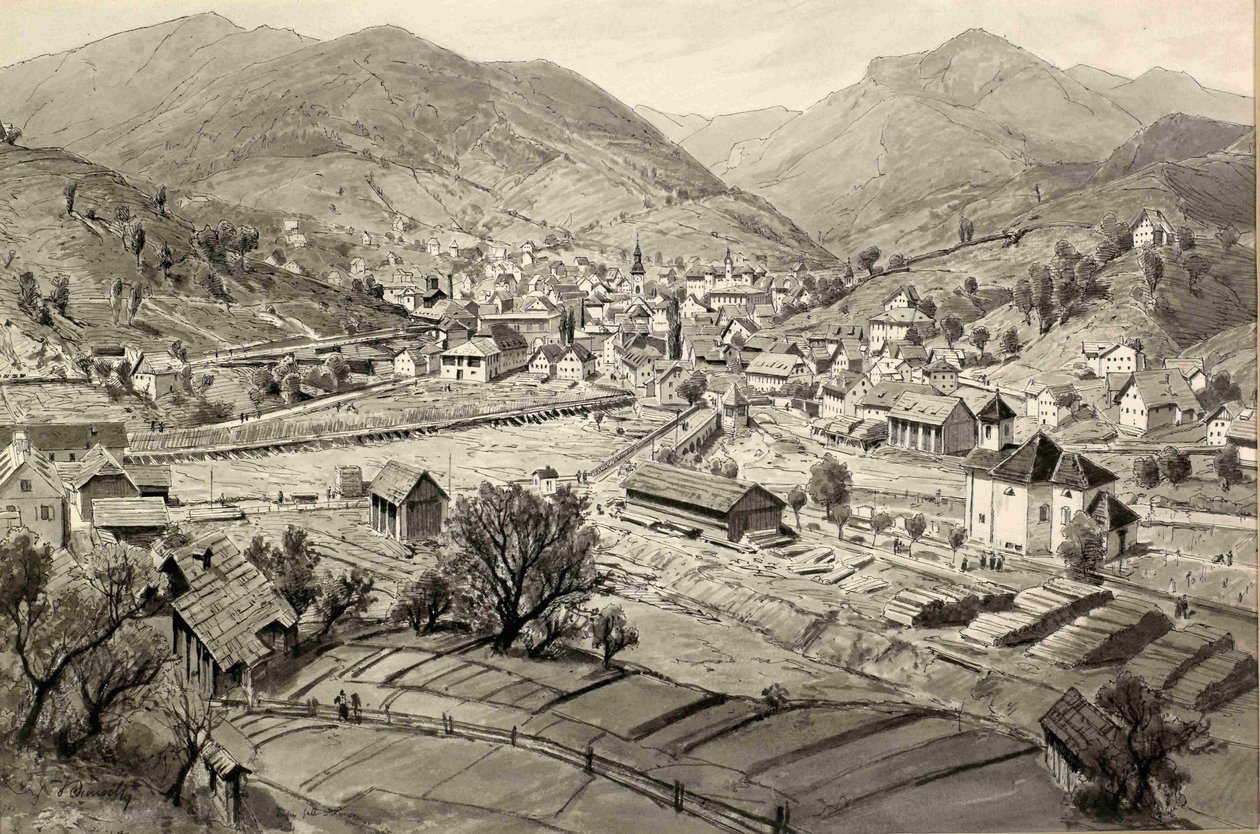 Veduta di Idrija e Idrijca con rastrelli da Ladislav Benesch