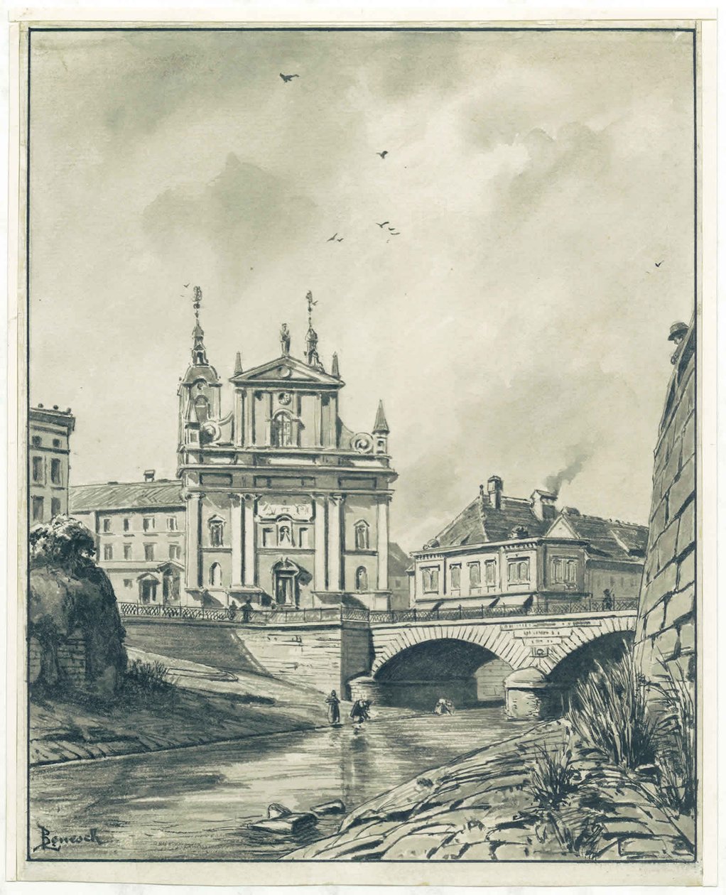 Vista sulla Ljubljanica, ponte di Franc e chiesa francescana a Lubiana da Ladislav Benesch