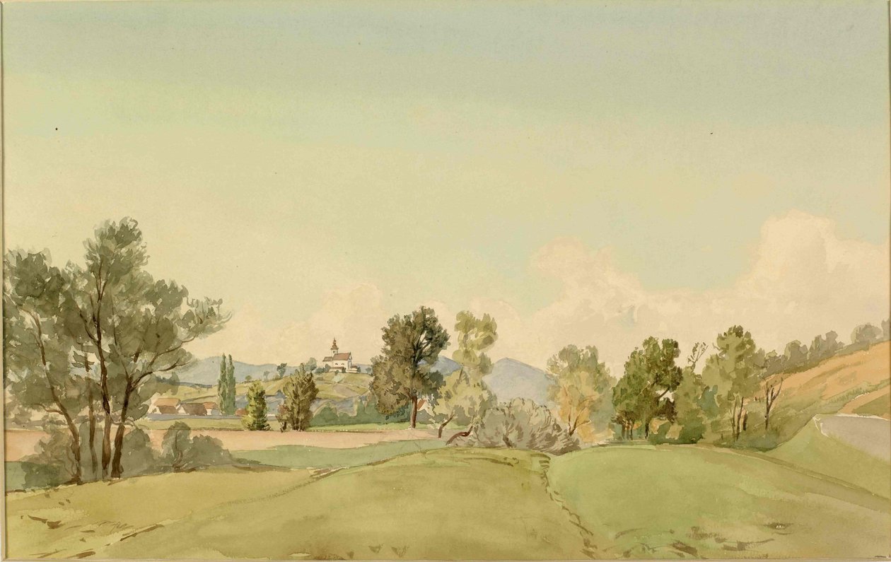 Vista di Vrhnika e la chiesa della Santa Trinità da Ladislav Benesch